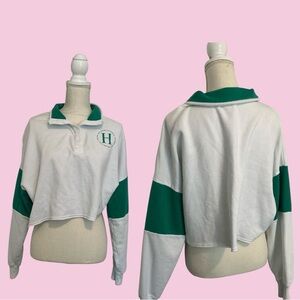 Hollister White and Green Cropped Sweater